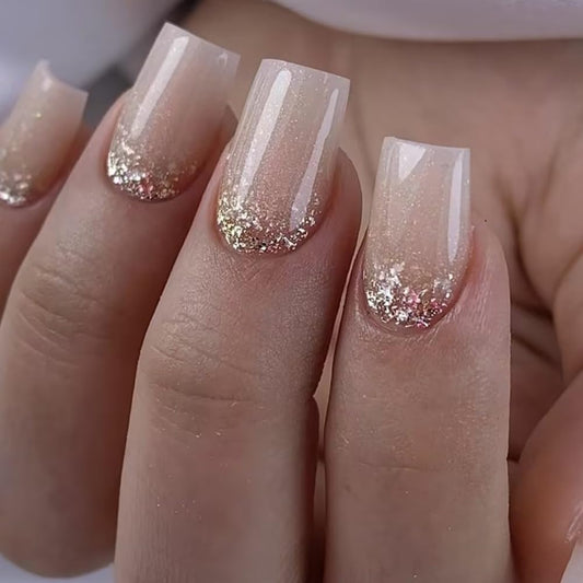 CTTHNBD Press on Nails Square - Short Fake Nails with Glitter Design - Winter Full Cover Stick on False Nails - for Women 24 Pcs