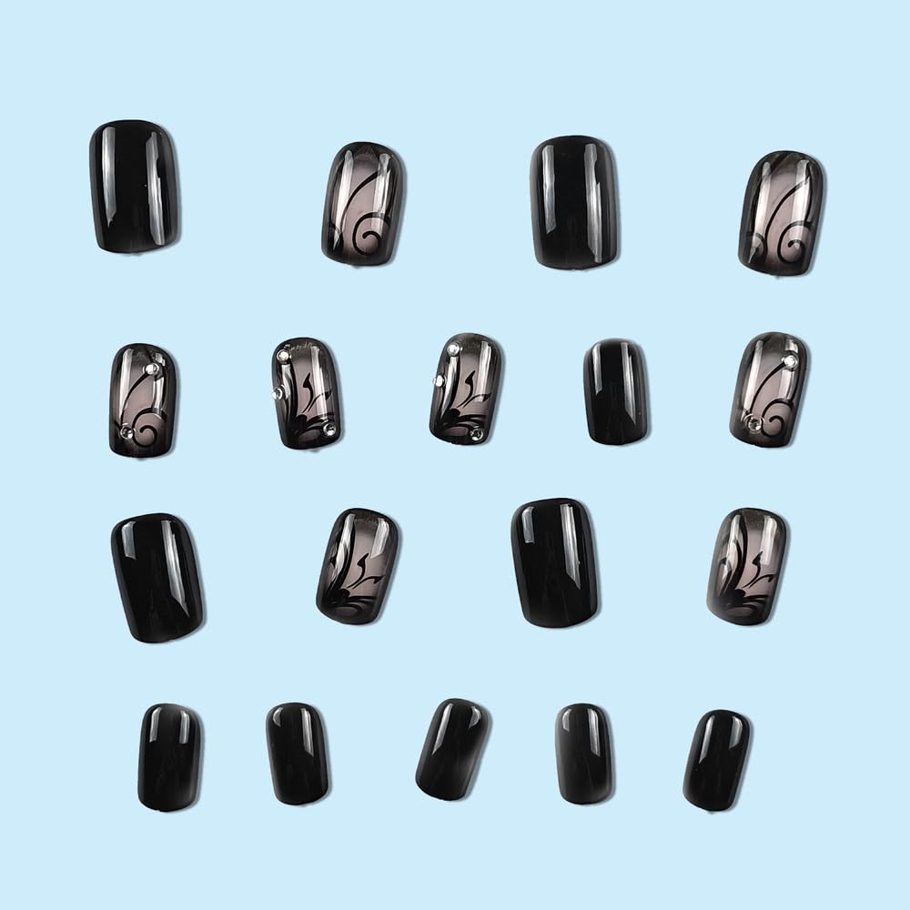 OHWODA Black Press on Nails Short Square Fake Nails Black Vine Acrylic Glue on Nails Full Cover Glossy Nails Press ons Short Stick on Nails Summer Artificial Nails for Women Girls - 24Pcs