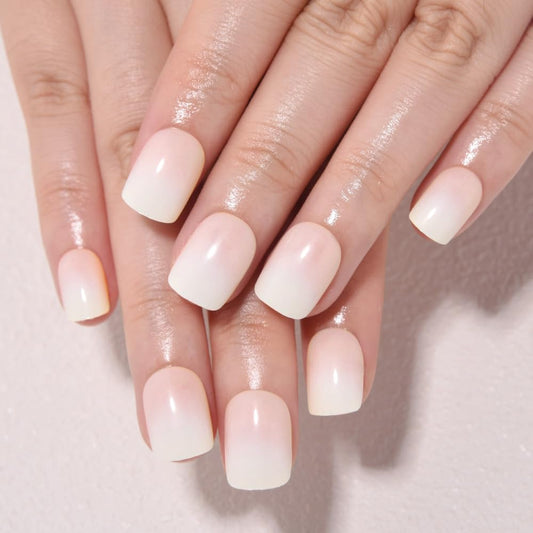 evpct Cream White Ombre Glossy Press on Nails Short Square, Nude Glossy Fake Nails Reusable, Acrylic False Nail Stick on Press ons for Women Gifts, Color Ombre Artificial False Nail with Kit, 30Pcs