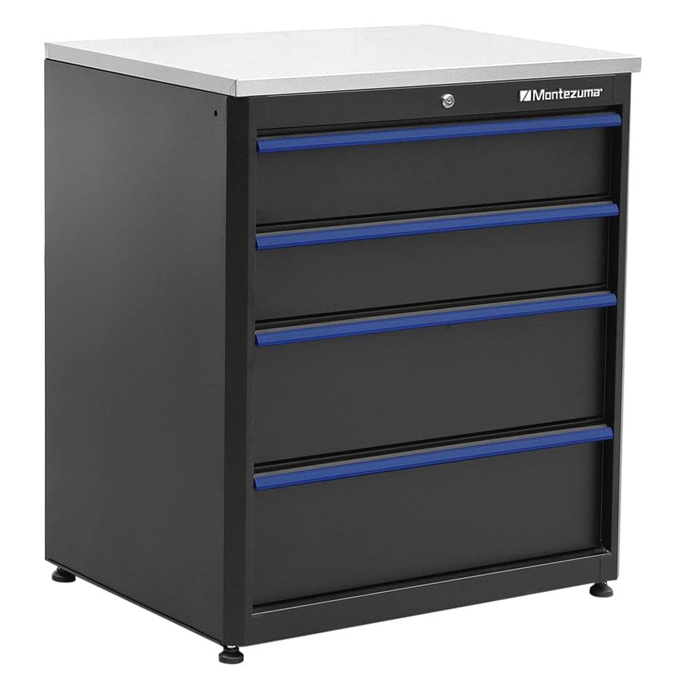 Montezuma Garage Tool Storage System - 30.5 x 24" Locking 4 Drawer Workbench with Ball Bearing Slides & Stainless Steel Worktop - BKMG30244BC