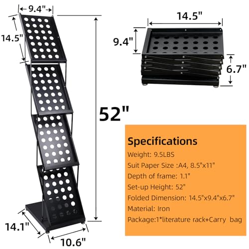 4 Pocket Folding Metal Black Literature Rack with Case Brochure Stand for Trade Show Exhibition Office Retail