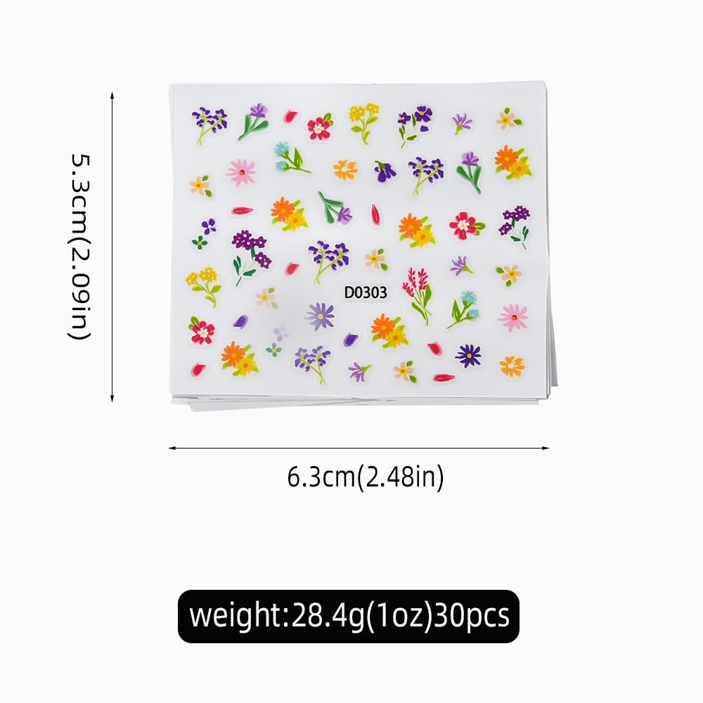 30 Sheets Flower Nail Stickers for Nail Art, 3D Self-Adhesive Wildflower Nail Decals, Sunflower Lavender Spring Nail Supplies Nail Art Design Accessories for Women and Girls Manicure DIY Decoration