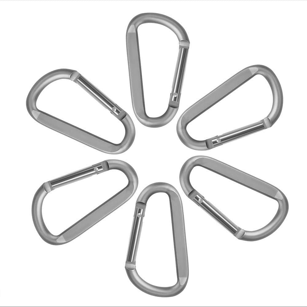 CampTek 6PCS Carabiner Caribeaner Clip,3" Large Aluminum D Ring Shape Carabeaner with 6PCS Keyring Keychain Hook (Black + Grey)"