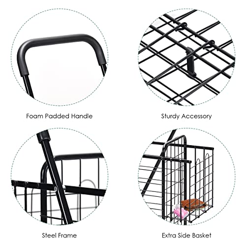 Folding Shopping Cart, Double Basket Supermarket Cart with Adjustable Wide Cushion Handle Bar and Swivel Wheels, Suitable for Grocery Book Luggage Travel Laundry, Large Utility Carts (Black)