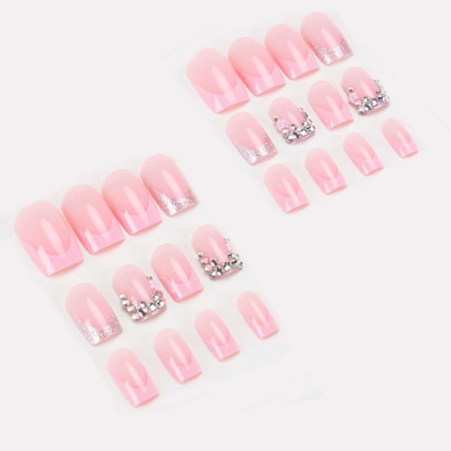 IMSOHOT Square Press on Nails Short Fake Nails Pink French Tip False Nails with Rhinestone & Flower Designs Full Cover Acrylic Stick on Nails for Women Girls Manicure Kit