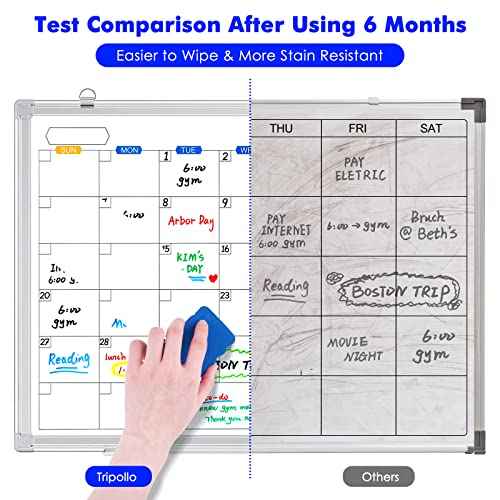Dry Erase Calendar Whiteboard for Wall, 24" x 18" Magnetic Monthly White Board Calendar Dry Erase, Wall Hanging Aluminum Frame with Tray for Home, School, Office