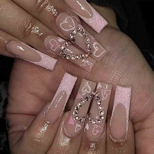 Foccna Long Press on Pink Square French Fake Nails - Full Cover Bling Acrylic False Rhinestone With LOVE Design for Women and Girls - 24PCS