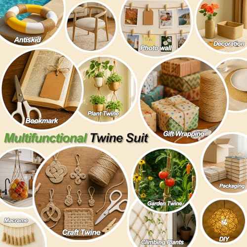 5 Pack Natural Twine String Suit : 2mm 1200 Feet Jute Twine Twisted from 3 Ply - String for Crafts Gardening Gift Wrapping Home Decor Knitting - Suitable for Handicraft and Gardening Enthusiasts