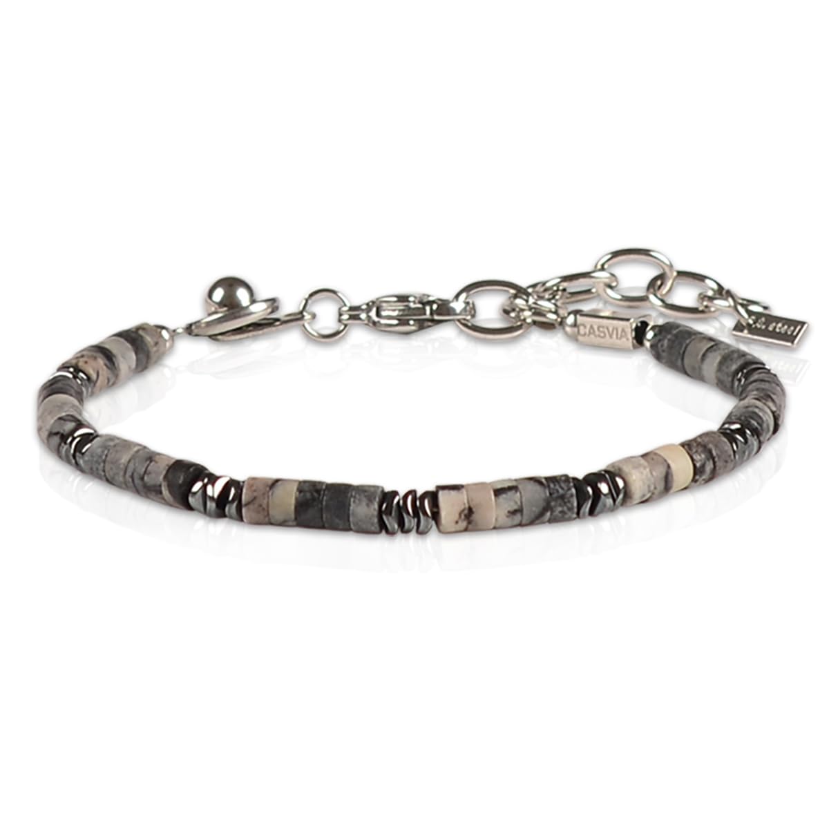 Casvia Men's Hematite & Black Grid Stone Beaded Bracelet, Adjustable Stainless Steel, Thickened Steel Wire Handmade Original Rugged Jewelry, Birthday Gift for Dad & Boyfriend