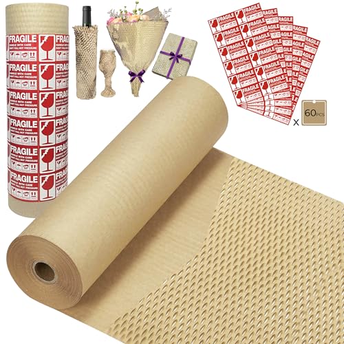 Honeycomb Packing Paper Wrap 15''x250', Substitute Alternative for Bubble Cushioning Wrap for Moving Shipping Packaging, Recyclable Moving Supplies with 60 Fragile Sticker Labels