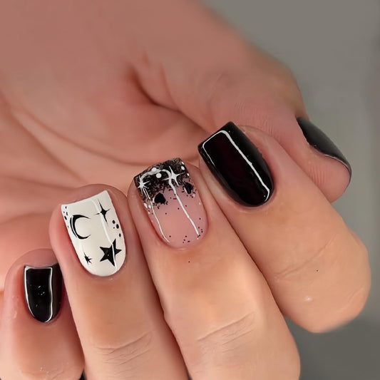 CTTHNBD Black Press on Nails Short - Square Fake Nails with Moon Star Design - Glossy Full Cover Stick on False Nails - for Women 24 Pcs