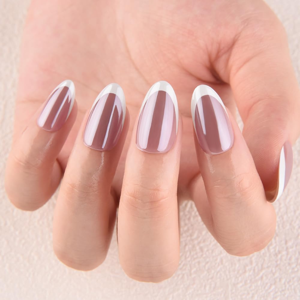 evpct French Tip Press On Nails Short Almond, Mauve Taupe + White Tips, Chrome Glazed Glossy Short Almond Fake False Press on Nails, Reusable Gel Stick on nail Press ons Nail Kits, Salon Quality
