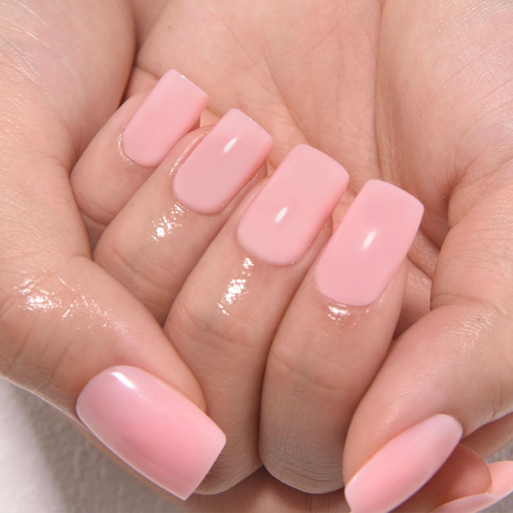 evpct Pale Nude Pink Short Square Glossy Press on Nails for Women Gift, Glossy Pale Nude Pink Fake Nail with Kits Manicure Kits, Soft Gel Full Cover Reusable Stick on Acrylic False Nails Perfectly Fit