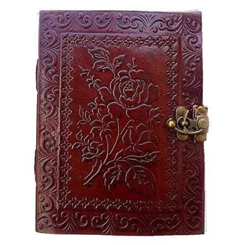 7" Leather Journal with clasp Rose emboss Writing Pad Blank Notebook Handmade Notepad For Women Unlined Paper Best Present for friend lover Sketchbook