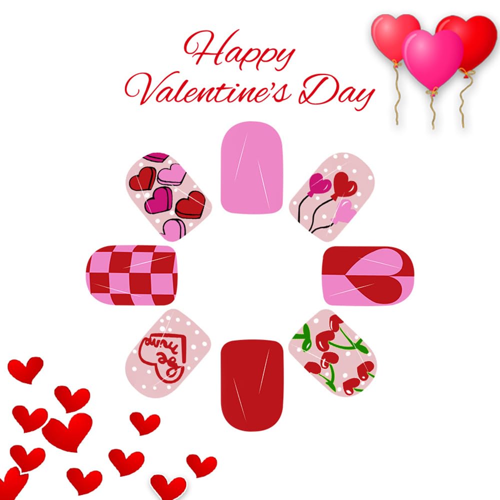 CEWEWP Valentine’s Day Press on Nails Square Short Fake Nails Red Nails Press ons Pink with Heart Grid Designs Balloon Glue on Nail Glossy Acrylic Stick on Nail for Women 24Pcs