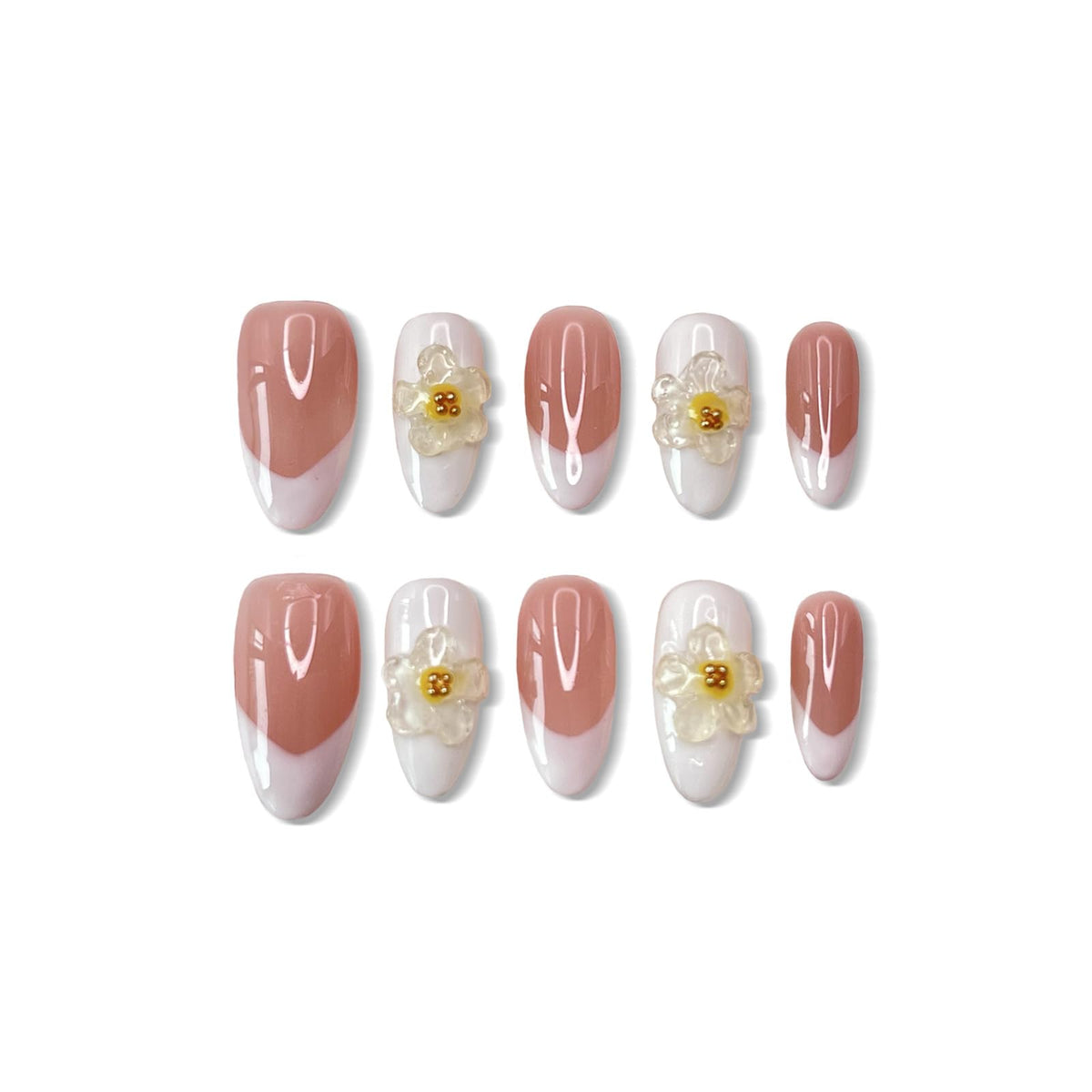 Handmade Press on Nails Medium Almond Fake Nails Press Ons White 3D Luxury Elegant Flower Full Cover Stick on Nails Glue on Nails for Women Girls Manicure (Clear White S)