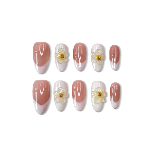 Handmade Press on Nails Medium Almond Fake Nails Press Ons White 3D Luxury Elegant Flower Full Cover Stick on Nails Glue on Nails for Women Girls Manicure (Clear White S)