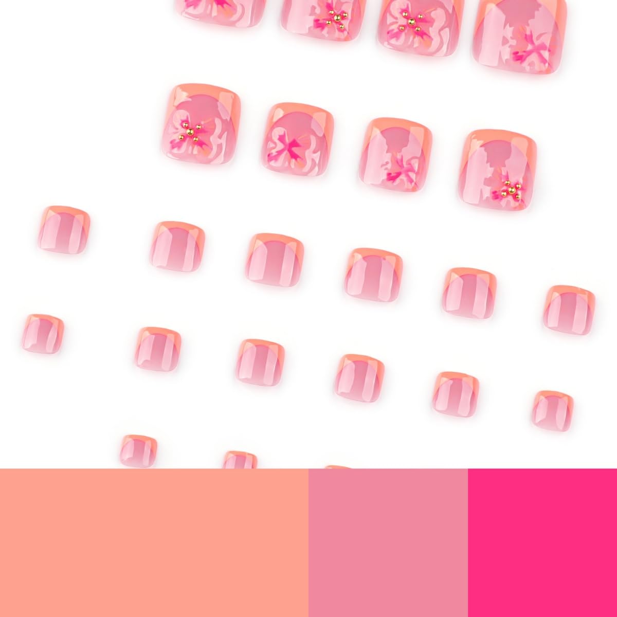 PEPFTG French Tip Press on Toenails Short Square Fake Toenails with Flower Design Stick on Nails Pink Toe Nail Press Ons Glossy Summer Acrylic Glue on Toenail for Women Manicure 24Pcs