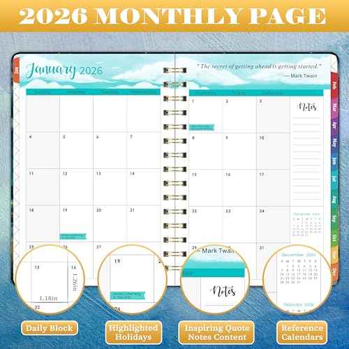 2026 Planner - Planner 2026, Jan. 2026 - Dec. 2026, 8.4"x 6.3", 2026 Planner Weekly and Monthly, 2026 Calendar Planner with Elastic Closure + Colorful Tabs + Hardcover - Dreaming Sea
