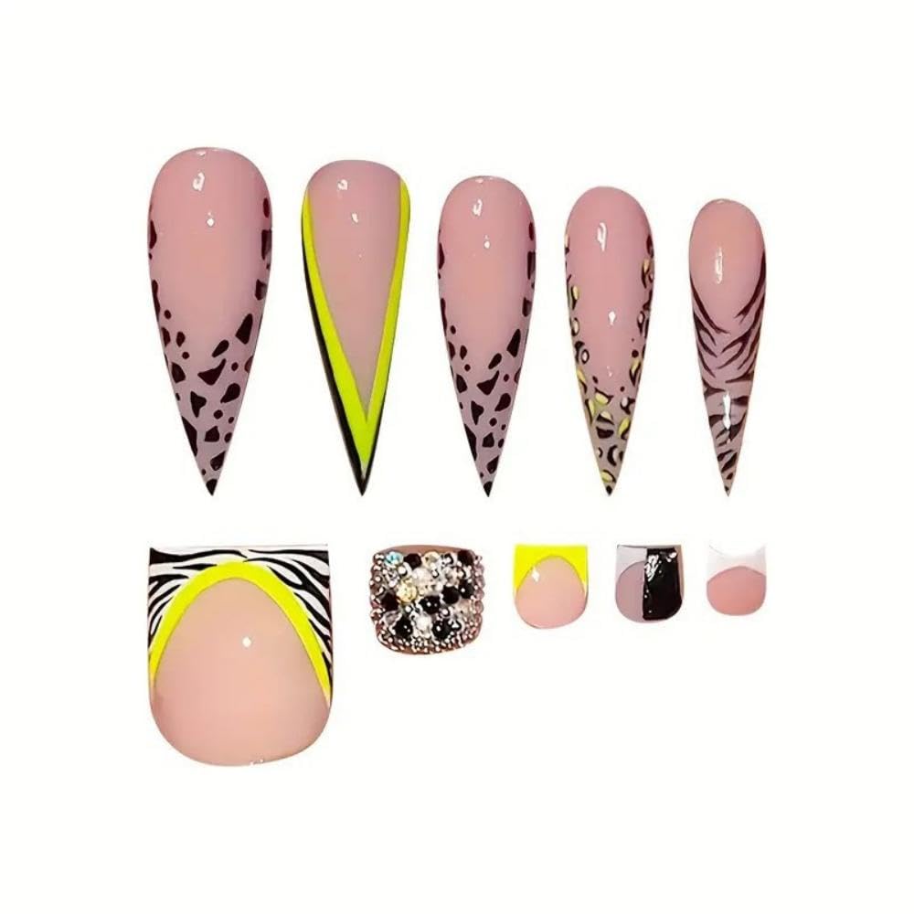 Leopard French Tips Press on Nails Long Almond Fake Nails with Green Striped Design Zebra French Tips Press on Toenails Rhinestones False Toenails Short Square Fake Toenails for Women Manicure 48Pcs