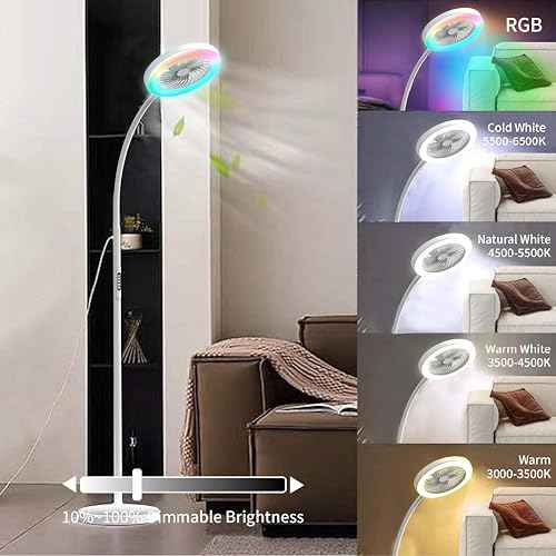 Pedestal Fan for Bedroom, Floor Lamp with Fan RGB 18w/1500lm, 3-Speed Stand Fan Stepless Adjustable 3000K-6000K Color and Dimmer, Remote and Button Control, Adjustable Gooseneck Gloor Lamp