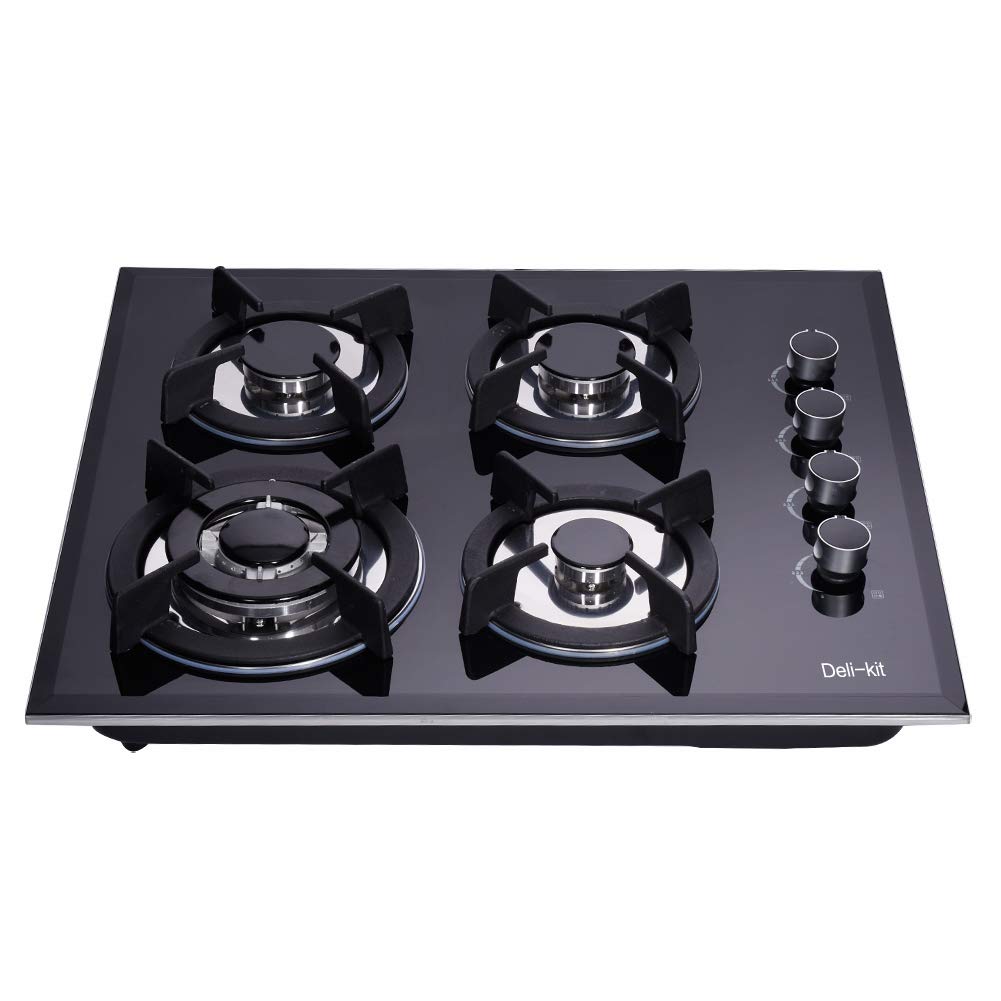 Deli-kitÂ® 24 Inch Gas Cooktop Dual Fuel Sealed 4 Burners Tempered Glass Gas Cooktop Drop-in Gas Hob DK145-B01S Gas Cooker