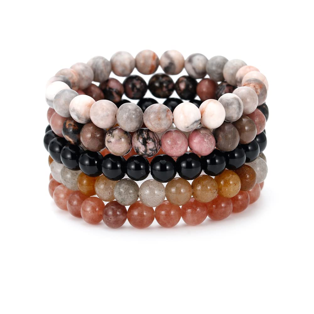 BOMAIL 5PCS Semi-Precious Gemstone Bracelet - Healing Crystal Stone Beaded Bracelets for Women Men 8mm Round Beaded Stretch Bracelets Unisex Yoga Bracelets