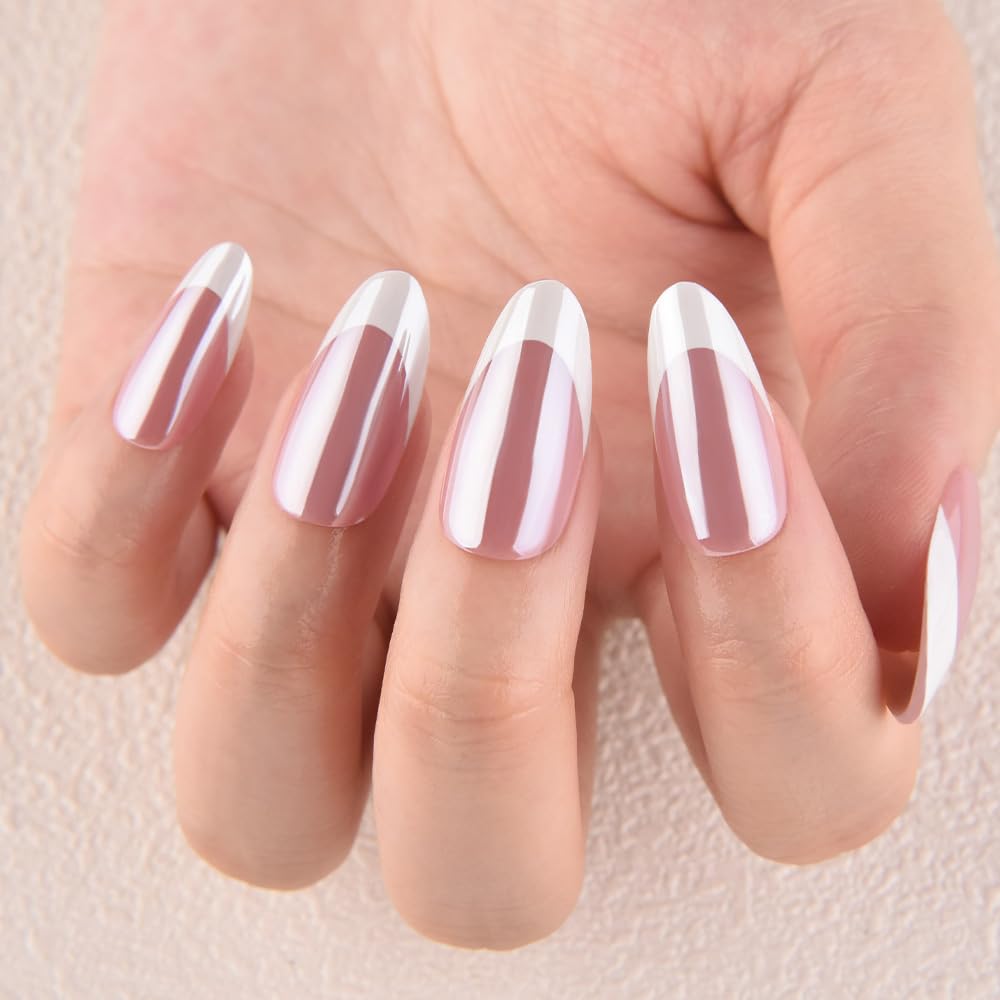 evpct French Tip Press On Nails Almond Medium, Mauve + White Tips, Chrome Glazed Glossy Medium Almond Fake False Press on Nails, Reusable Gel Stick on nail Press ons with Nail Kits, Salon Quality