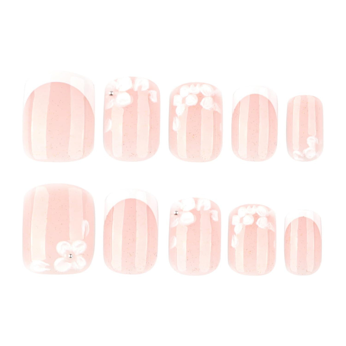 OCOUYVD Cute Flower Press-on Nails, 24pcs Glitter Short Square Acrylic False Nails with 3D Embossed Floral Pearl Design, French Tip, Full Cover Stick-on Nails for Women Manicure
