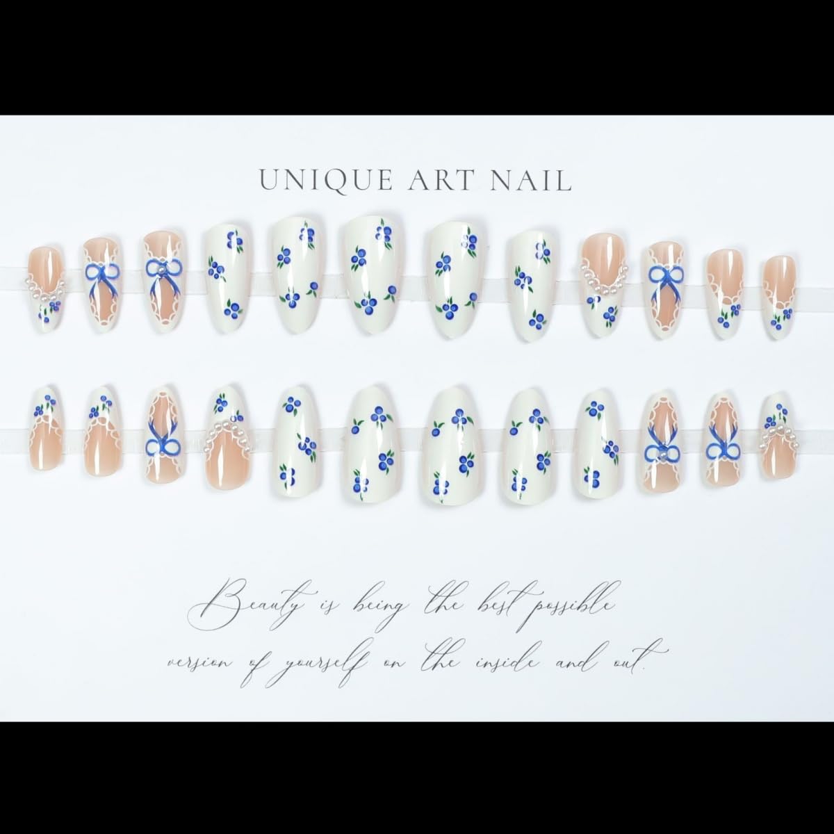 French Tip Press on Nails Long Almond, White Nude Fake Nails with Pearl Rhinestones Design, Blueberry Bow Acrylic Nails Full Cover Glossy False Nails for Women Manicure Decoration, 24PCS