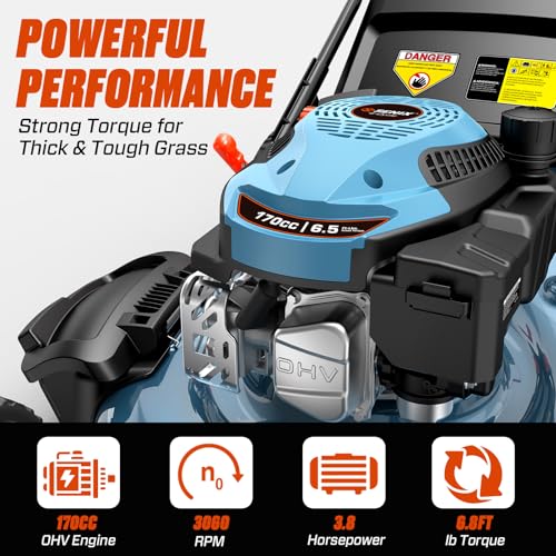 SENIX Gas Lawn Mower, 22" Self Propelled Gas Powered Lawnmower with 170cc OHV 4-Cycle Engine, 3-in-1 Walk-Behind Push Lawn Mower, 6-Position Height Adjustment