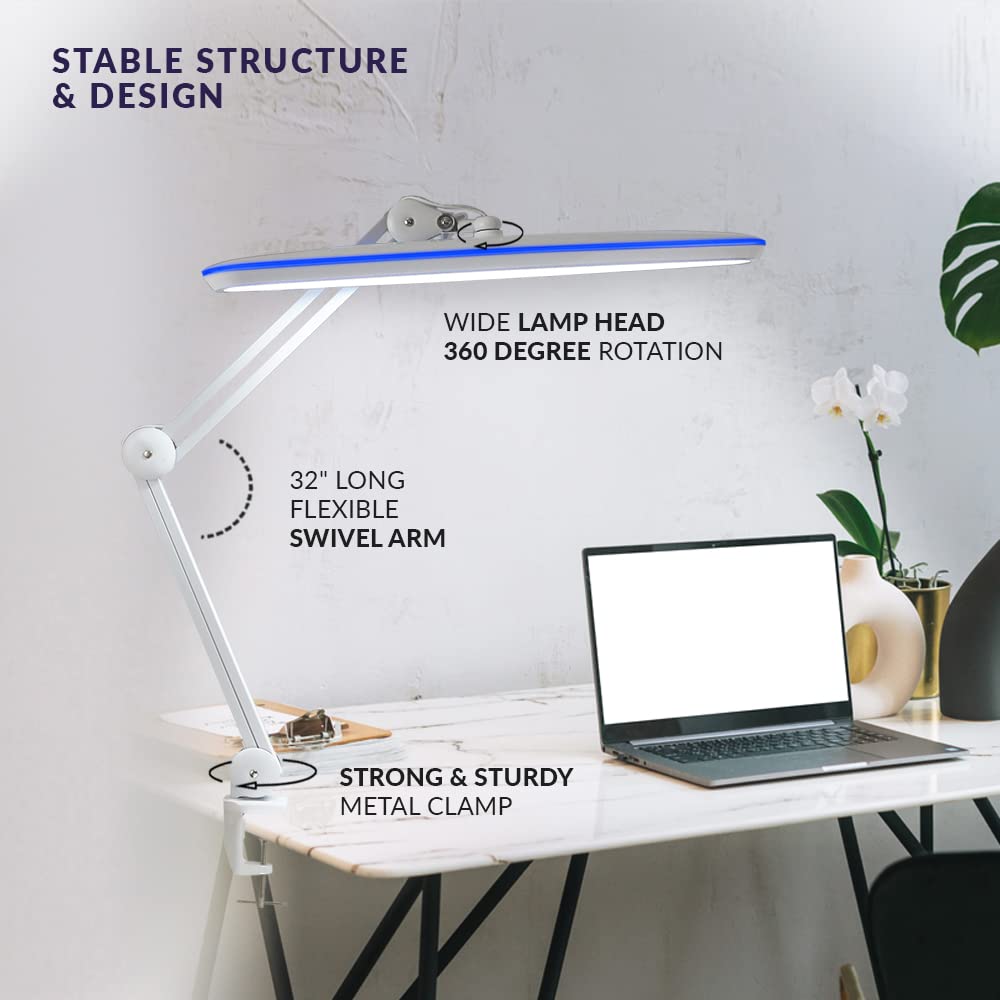 Neatfi XL 2,200 Lumens 24W LED Desk Lamp – 23” Wide Shade | Dimmable Eye-Caring Task Light | Adjustable Arm | Home Office, Study, Crafts & Nail Tech (Non-CCT with Clamp, White)