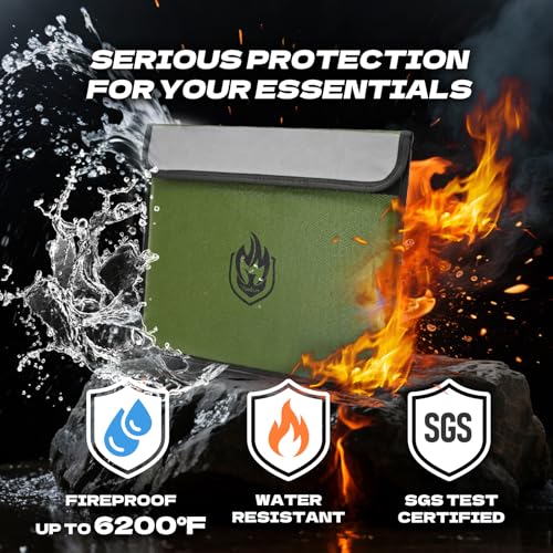 2 Pockets Fireproof Document Bag 6200¡ÆF, 10 Layers Waterproof Fireproof Money Bag for Cash with Reflective Strip, Heat Insulated Waterproof Document Holder Pouch, Fire Safe Storage (Green)