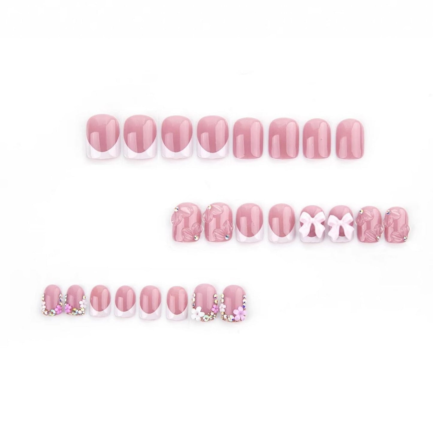 Handmade Press on Nails Short Square Cute French Tip Fake Nails 3D False Nails with Designs Flower Bow Charms Pink & White Glossy Glue on Nails Stick on Nails Acrylic Nails for Women Girls 24 Pcs