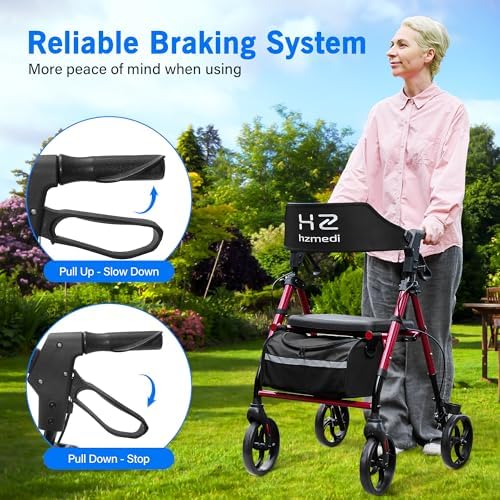 Walkers for Seniors with Seat, Foldable Rolling Walker with Durable Aluminum, Dual Adjustable Height Rolling Walker, 8" Wheels for Adults, All Terrain rollator| Jujube Red
