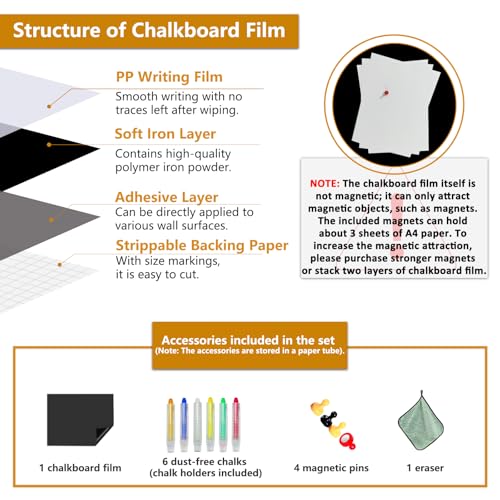 Magnetic Chalkboard Contact Paper with Adhesive, 55" x 27" Magnetic Blackboard Film for Walls, Peel and Stick ? Ideal for Office, Classroom, Home. Includes Dustless Chalk, Wiping Cloth, and Magnet