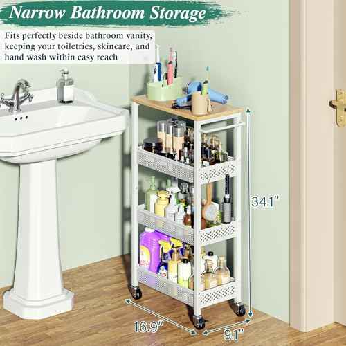 Utility Slim Storage Cart, 4-Tier Narrow Bathroom Organizers and Storage Cart, Narrow Metal Kitchen Laundry Room Organization Shelf with Wood Top, Slim Rolling Carts with Wheels for Small Space