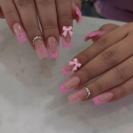 Pink French Tip Press on Nails - Medium Coffin Fake Nails with Bow Charms Design - Heart False Nails Press ons - for Women 24 Pcs