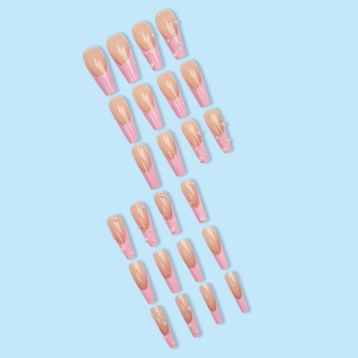 Vezocim Press on Nails Coffin Long French Tips Pink Glossy Full Cover Acrylic Square Fake Nails with Pearl Designs Extra Long Artificial False Nails Glue on Fingernails with Charm for Women Girls
