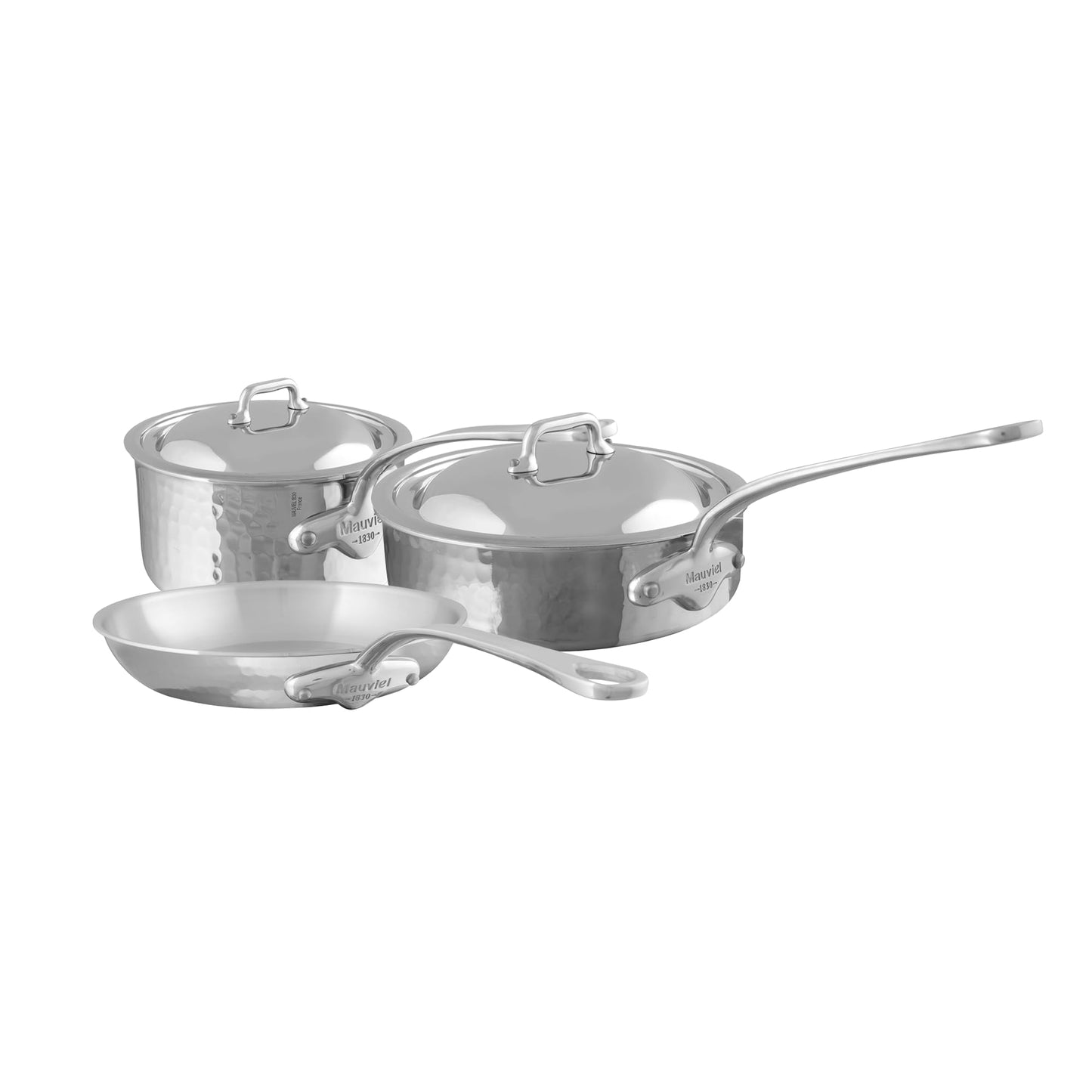 Mauviel M'Elite 5-Ply Hammered Polished Stainless Steel 5-Piece Cookware Set With Cast Stainless Steel Handles And Curved Lid, Made In France