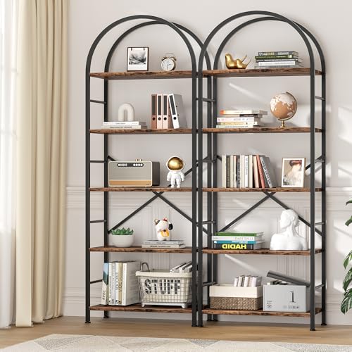 Shintenchi Bookshelf, Arched Bookshelf 5 Tier Bookcase, Tall Shelf for CDs/Books, Home Office Shelf Storage Organizer, Modern Book Shelf for Bedroom/Living Room, Rustic Brown