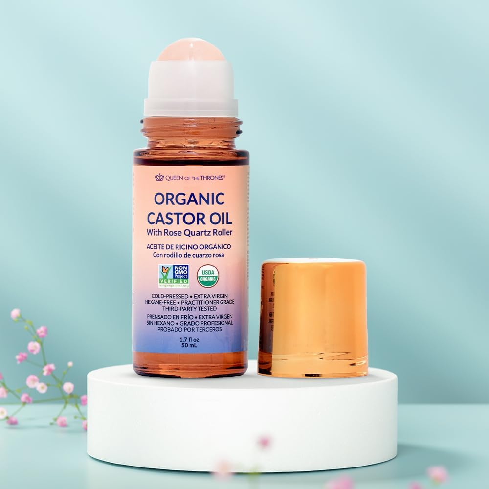 QUEEN OF THE THRONES® Organic Golden Castor Oil Roll-On with Rose Quartz | 100% Pure for Skin, Brows & Lashes and less mess Castor Oil Packs | Hexane-Free | USDA Certified | Cold-Pressed 1.7oz (50mL)
