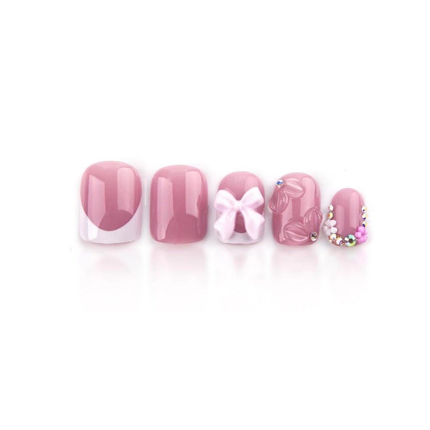 Handmade Press on Nails Short Square Cute French Tip Fake Nails 3D False Nails with Designs Flower Bow Charms Pink & White Glossy Glue on Nails Stick on Nails Acrylic Nails for Women Girls 24 Pcs