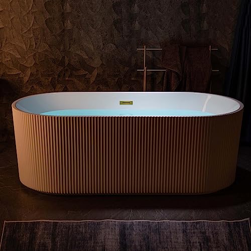 WOODBRIDGE 67" L x 31-1/2" W Freestanding Contemporary Soaking Bathtub,Unique Pleated Design,with Brushed Gold Pop-Up Drain Drain and Overflow Option, White,B1526-BG