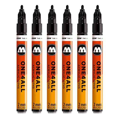 Molotow Acrylic Marker One4All 127HS (2 mm Tip, High Coverage and Permanent, UV-Resistant, for Almost All Surfaces) 180 Signal Black, Pack of 6