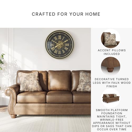 Signature Design by Ashley Shadsburne Rustic Faux Leather Sofa with Nailhead Trim and 2 Throw Pillows, Brown