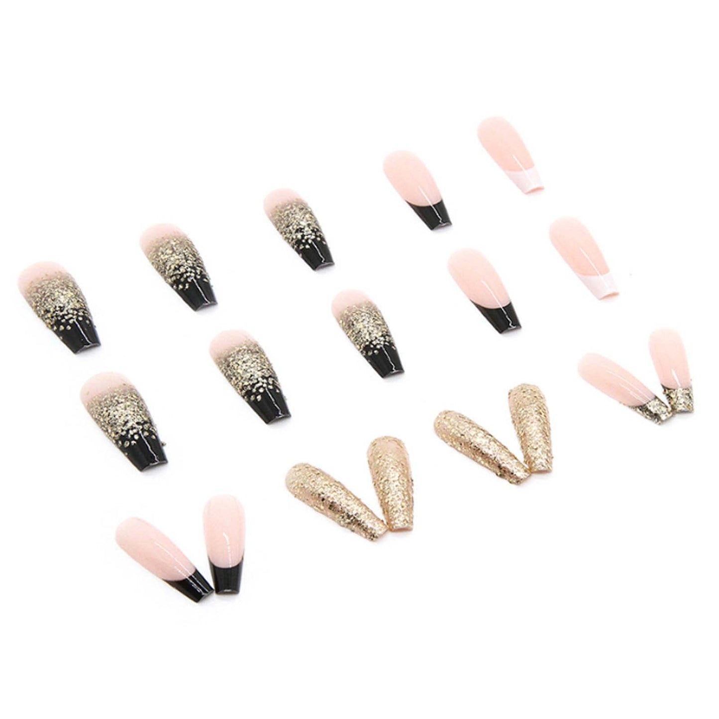 Hkanlre Fake Nails Gold Long Coffin French Press on Nails Acrylic Full Cover Ballerina Bling False Nails for Women and Girls 24PCS