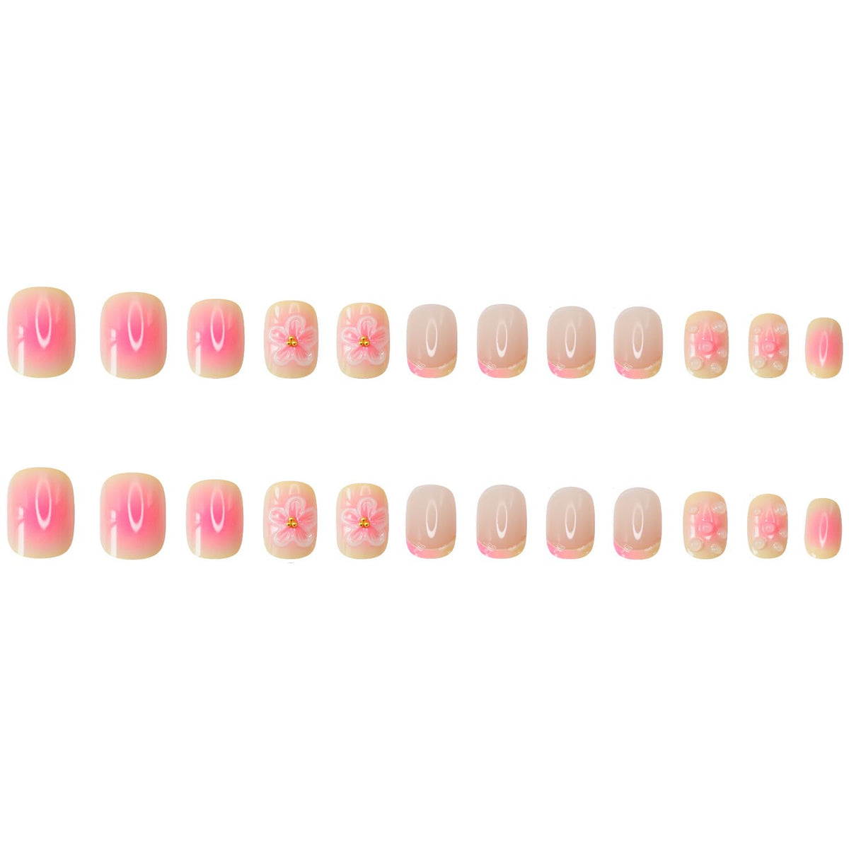 3D Short Square Press on Nails French Tip Fake Nails Pink&Yellow False Nails with Flower Water Drop Designs Glossy Glue on Nails Floral Stick on Nail for Women Girls 24Pcs