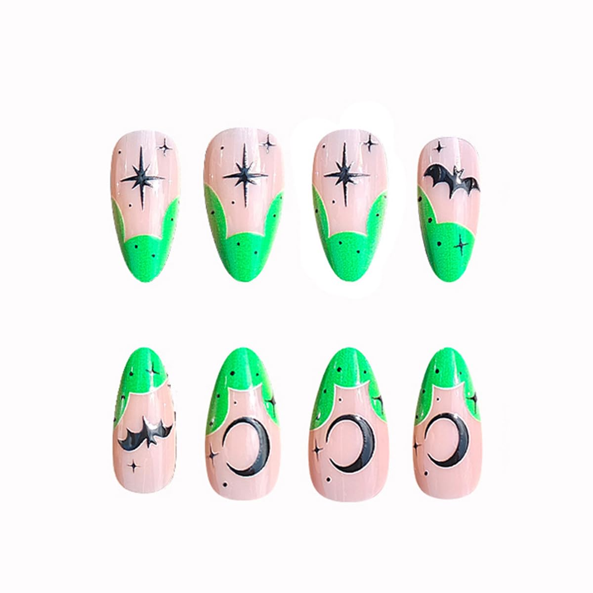 24Pcs Halloween Nails Ghost Bat Press on Nails Medium Almond Green French Tip Fake Nails with Star Designs Halloween Acrylic Nails Artificial Full Cover Glue on Nails Spooky Stick on Nail for Women