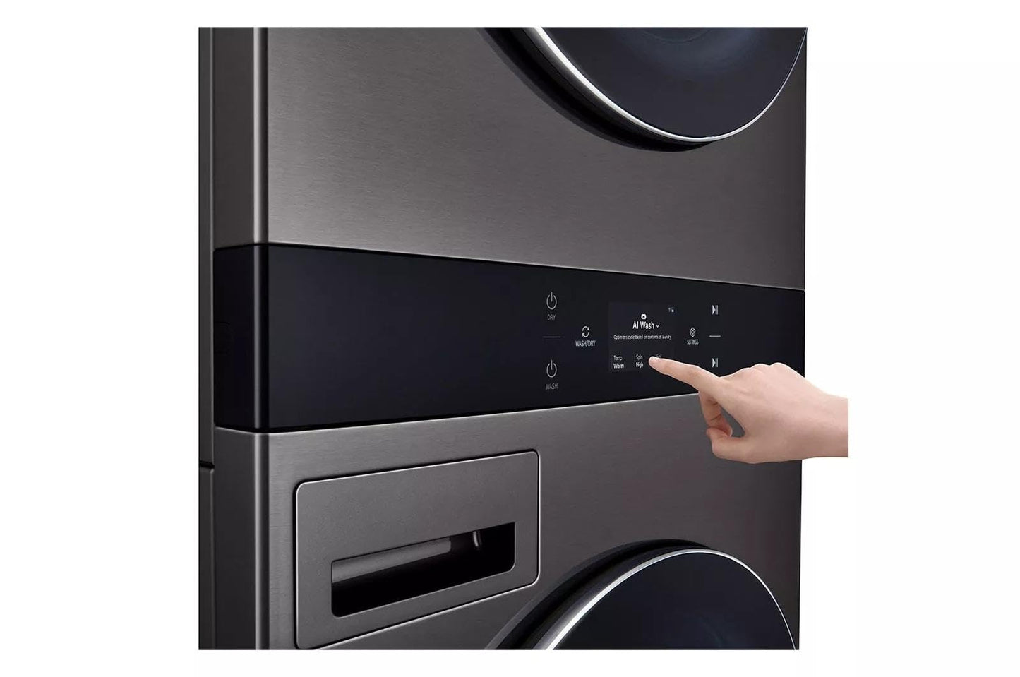LG WashTower Stacked Smart Laundry Center 5.0 Cu.Ft. Front Load Washer & 7.4 Cu.Ft. Electric Dryer in Black Steel w/Steam